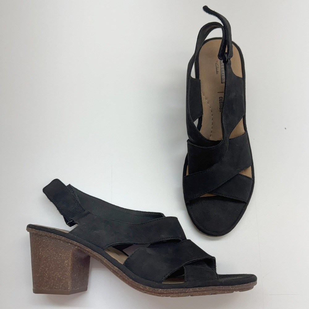Clarks Sandals Womens 11 Black Suede Block Heel Strappy Comfort